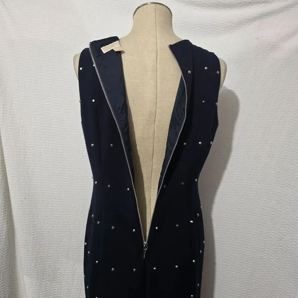 MICHAEL KORS Navy Blue Studded Sleeveless Sheath Dress Zip Back Size 10